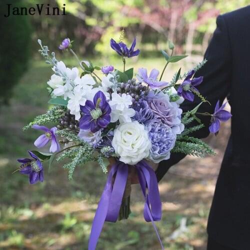 JaneVini Elegant Purple Flowers Wedding Bouquets Handmade White Silk Bouquet Bride Rose Hydrangeas Ootdoor Bridal Bouquet Marie