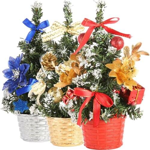 Artificial Desktop Christmas Bonsai Ornament Hight 20cm Miniature Xmas Tree Bowknot Pine Tree Baubles Flower Basket