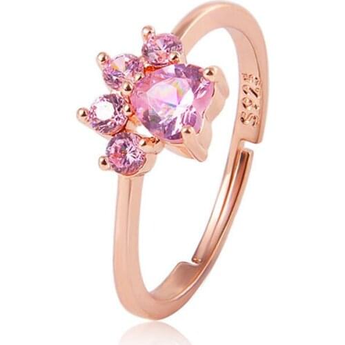 Cute Bear Paw Cat Claw Cut Cat Dog Bears Paw Rose Gold Resizable Rings For Women Romantic Animal CZ Heart Wedding Gifts Rings