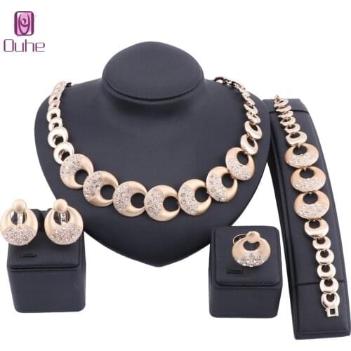 Fashion Dubai Gold Jewelry Sets for Women African Beads Set Wedding Bridal Crystal Round Necklace Earrings Bracelet Ring