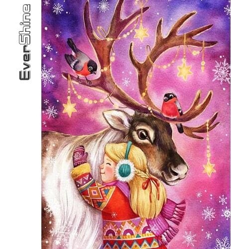 Evershine Diamond Embroidery Deer Cartoon Cross Stitch Girl Diamond Painting Kit Picture Rhinestone Mosaic DIY Christmas Gifts