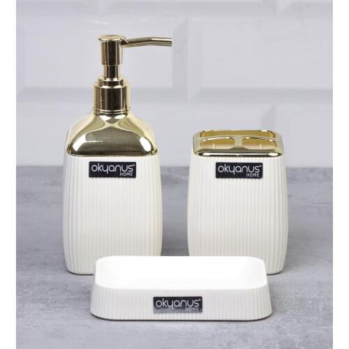 OceanLand Gold Series Striped 3 Piece Bathroom Set Hard Plastic Toothbrush Holder Soap Dispenser Black Mink Anthracite White