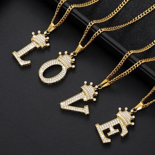 Crown Necklace Zircon Letter Necklace Male Crown Pendant Stainless Steel Letter Necklace