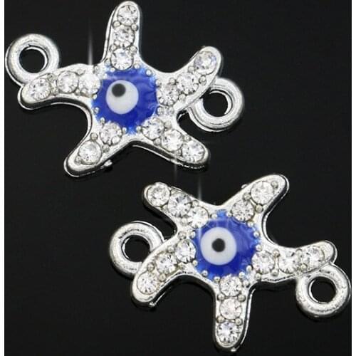 Silver Plated Enamel Starfish Evil Blue Eye Connectors fit Jewelry Making Bracelet Accessories DIY Craft 18x13mm