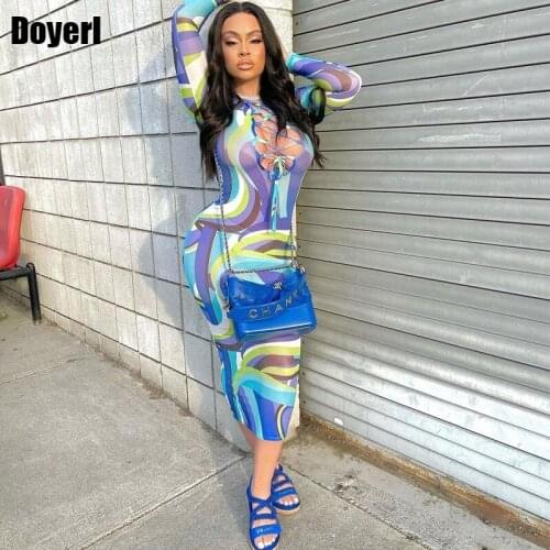 See Through Mesh Bodycon Dress Women Srpring Autumn Long Sleeve Midi Dress Elegant Night Club Outfits for Women Party Sexy Dress