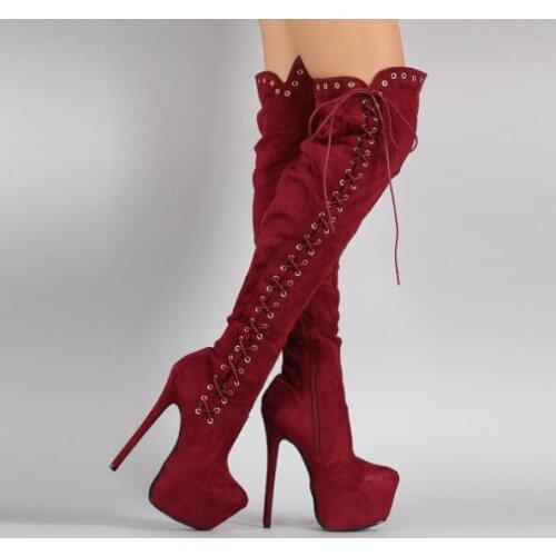Drop Shipping Burgundy Suede Lace Up Side Platform Knee High Boots Woman Sexy Super Thin Heels Cross Tied Thick Sole Long Botas