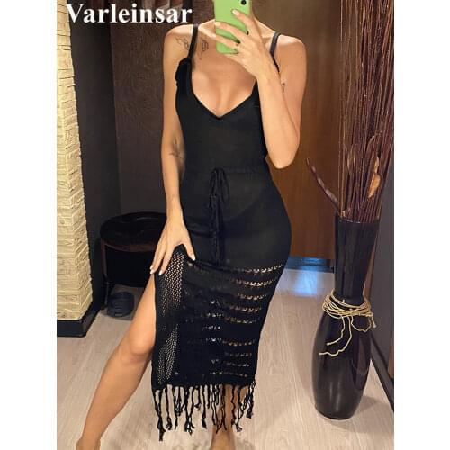 S - 3XL Deep V Knitted Tunic Beach Cover Up Cover-ups Beach Dress Long Tassel Backless Beach Wear Beachwear Female Women V2978