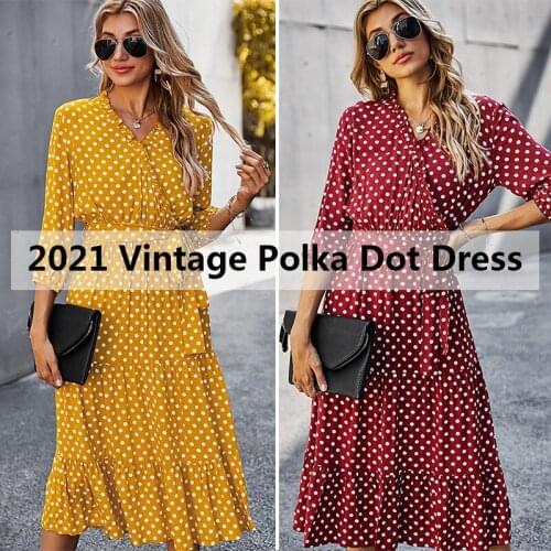 Vintage Polka Dot Long Dress Women Casual Ruffle V Neck High Waist Slim Print Bandage 2021 Fashion Elegant Midi Dress Vestidos