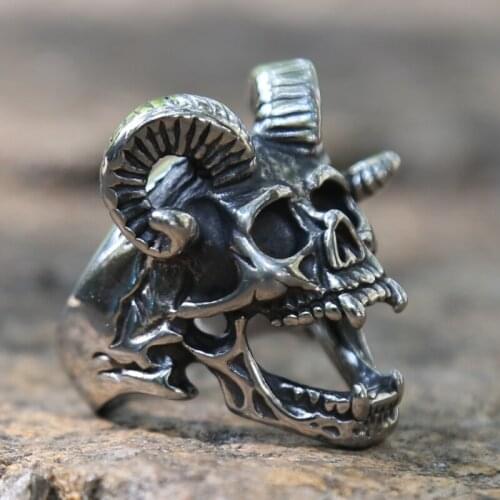 Vintage Punk Satan Goat Skull Ring Cool 316L Stainless Steel Mens Skull Biker Rings Male Gothic Skull Ring Drop Shipping