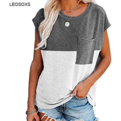 Womens Clothing 2021 Summer New Loose Short Sleeve Printed Splicing Pocket T-Shirt Fashion Round Neck Top Female