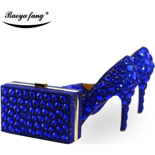 Royal Blue crystal Womens wedding shoes with matching bags High heels Party dress shoes woman shoe and purse sets