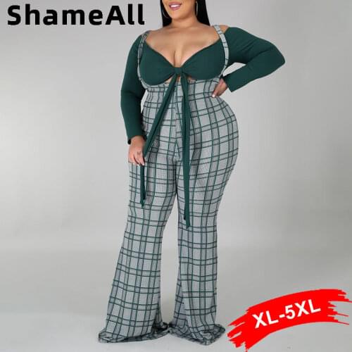 Plus Size Bow Tie Bandage Crop Tops Plaid Suspenders 2 Pieces Sets Fall Women Flare Long Flare Pant Club Party Outfits Tracksuit