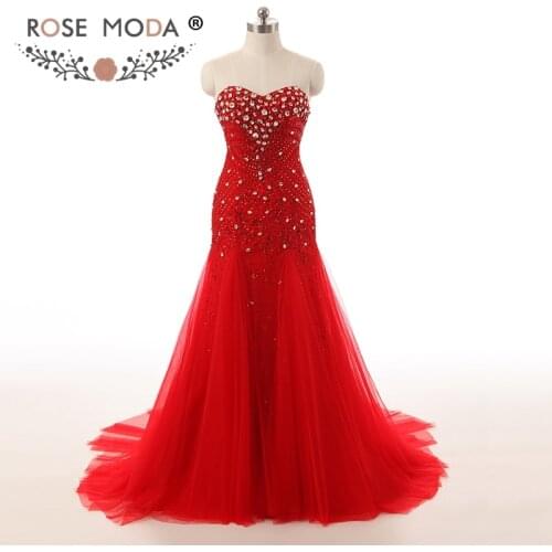 Rose Moda Luxury Crystal Red Prom Dress Bling Mermaid Prom Dresses Formal Xmas Party Dress 2018