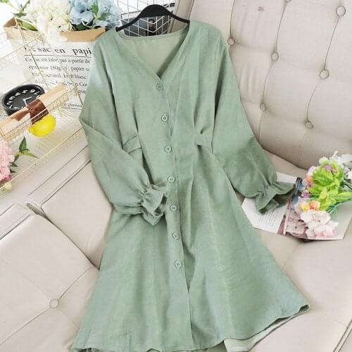 2020 Women Summer Autumn V-neck Flare Sleeve Pleated Ruffles Button Dress Vintage Slim High Waist Pullover Chiffon Midi Dresses