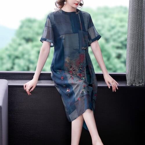 2021 Vintage Floral Chiffon Elegant Midi Dresses Summer Casual Chinese Style 4XL Size Print Dress Women Bodycon Party Vestidos