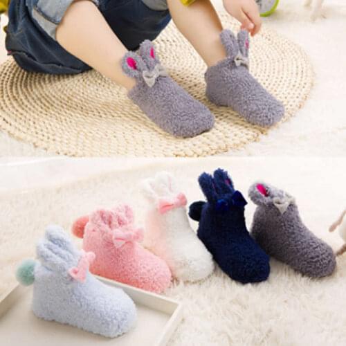 Winter Baby Cotton Socks 3D Rabbit Tie Boys Girls Cute Short Socks Toddle Christmas Gift Coral Velvet Thick Newborn Socks