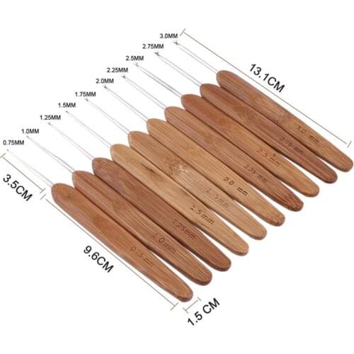 10pcs Mix Size 0.75mm-3mm Crochet Hook Knit Weave Yarn Craft Knitting Needle Bamboo Handle Knitting Hooks Needles Tools