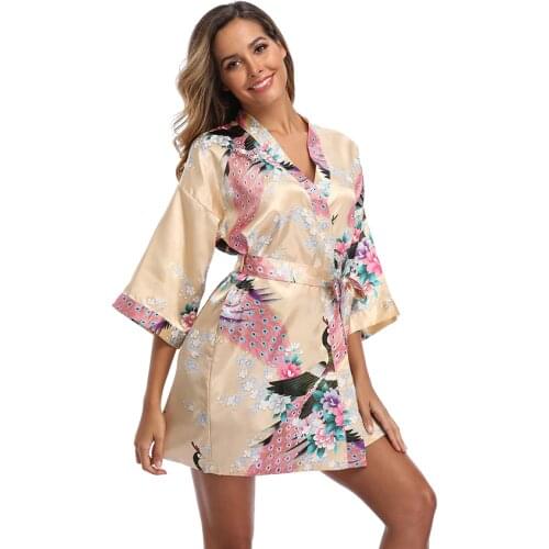 Witbuy Satin Sleepwear Mini Bathrobe Summer Print Peignoirs For Women Wedding V Neck Sexy Womens Dressing Gown Bridesmaid Gift