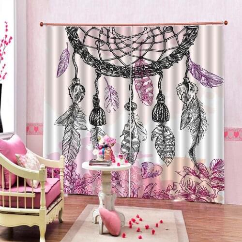 Black Feather Curtains Watercolor Vibrant Dream Catcher with Ornamental Elements Flowers Design Window Drapes Decor Sets