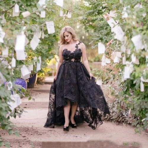 Black Lace Plus Size Appliques Wedding Dresses High Low Country Bridal Gown Backless Custom Made Bridal Gowns
