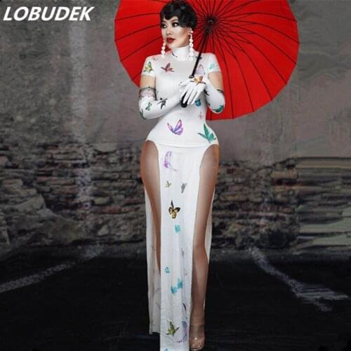 Butterfly Pattern Slit Long Dress Cheongsam Costume Vintage Singer Dancer Nightclub Sexy Stage Wear Concert Performance Outfits
