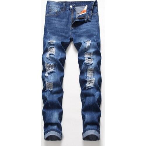 High Quality Cotton Men Stretch Ripped Jeans Destroyed Straight Slim Fit Denim Pants Mens Retro Brand Fashion Denim Trousers