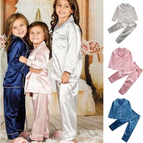 Focusnorm 1-7 Years Toddler Baby Boy Girl Silk Satin Top Pant Pajamas Solid Button-Down Set Child Sleepwear Nightgown