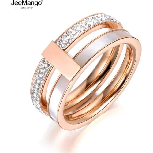 JeeMango Trendy Rose Gold 2 Layers Rhinestone & Shell Wedding Rings Jewelry Stainless Steel Engagement Ring DropShipping JR18048