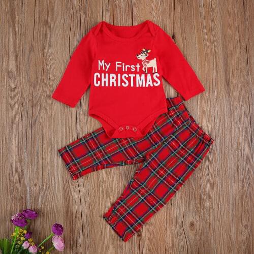 Pudcoco Newborn Baby Girl Clothes O-Neck Long-Sleeves Romper Top Grid Elastic-Waist Loose Pants 2Pcs Christmas Clothes Baby Suit