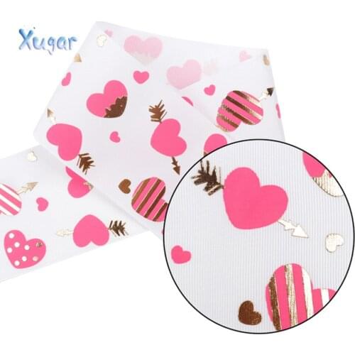 Xugar 2yards 3" 75mm Grosgrian Ribbon Foil Printed Heart Ribbon DIY Hair Bow Accessories For Wedding Gift Wrap Decorative Ribbon
