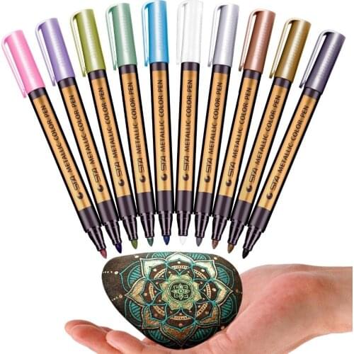 STA 10 Colors Metallic Marker Pens for Rock Painting Medium Point Metallic Color Markers for Ceramic Glass Plastic Scrapbooking