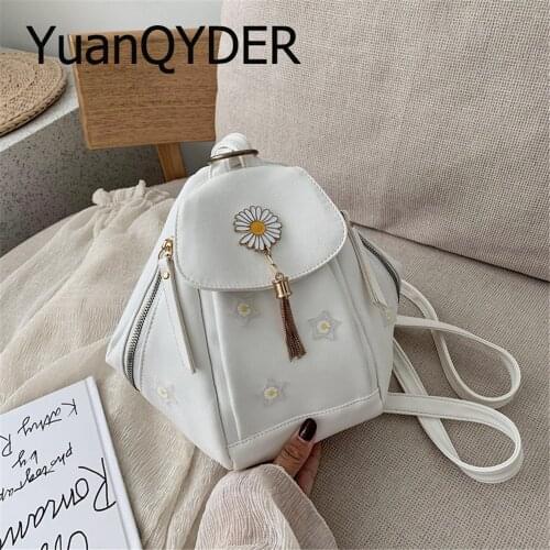 Multifunction Women Flower Tassel Backpack Stars Appliques Pu Leather Shoulder School Bag for Teenage Girl Casual Travel Daypack