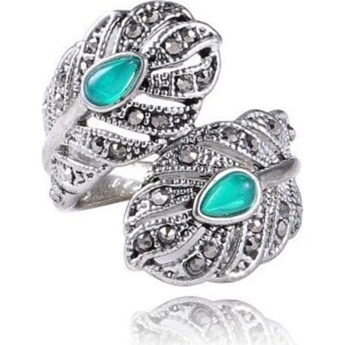 Fashion Jewelry Retro Rhodium Plate Crystal Rhinestone Leaf Ring For Women Wedding Vintage Punk Ring Size 7-9 High quality