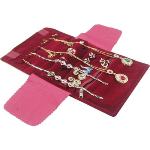 Fashion Elegant Burgundy Velvet Small Jewelry Organizer Roll Travel Zipper Bag Case For Multiple Necklace Ring Earrings Storage