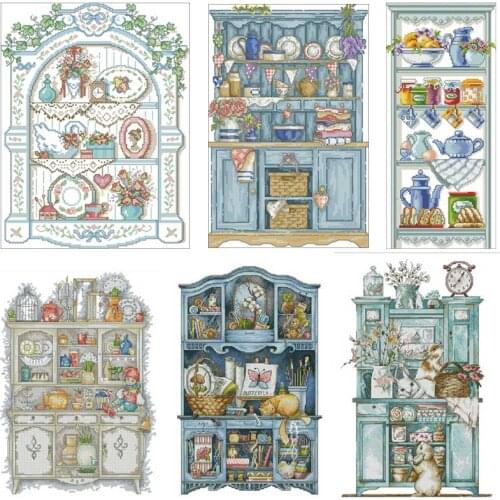 Blue handmade small cabinet patterns counted 11CT 14CT 18CT Cross Stitch Sets wholesale Cross-stitch Kits Embroidery Needlework