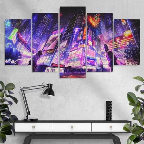5 Pieces Wall Art Canvas Painting Futuristic Neon City Night Poster Modern Home Living Room Modular Pictures For Decoration