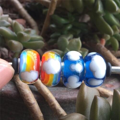 Mistletoe 925 Sterling Silver Murano Glass Together Apart Blue sky and white clouds Charm Bead European Jewelery