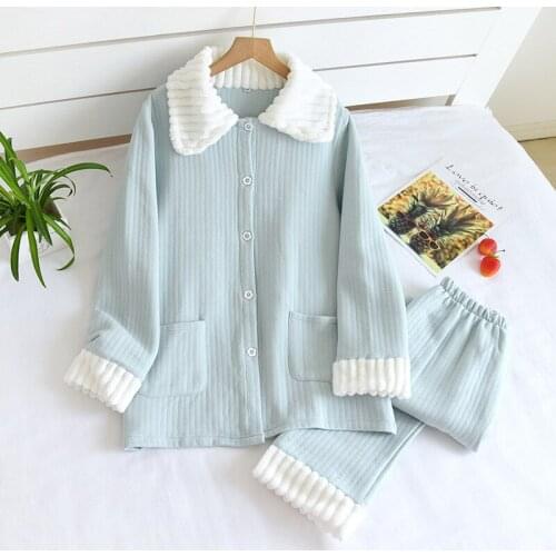 2021 Winter New Women Sleepwear Solid Cotton Long Sleeve Pajamas Set Keep Warm Thick Nightwear Casual Lingerie Ladies Home Wear