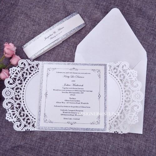 Luxury Laser Cut Invitations Cards with Glitter Bottom and Belly Band For Wedding Party,50pc Hollow Flower Quiceanera Invites