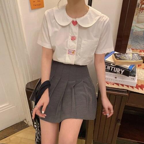 QWEEK Summer White Collared Shirt Women Kawaii Short Sleeve Blouse for Teen Girls Japan Style Sweet Solid Button Up Cute Tops