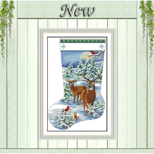 Elk Christmas stocking animal painting counted print on canvas DMC 11CT 14CT kits Chinese Cross Stitch embroidery needlework Set