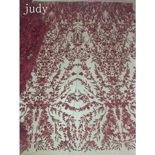 Stock 5yards HL121# The jujube red branch glitter net cloth African style French dress is used for wedding party Free shipping