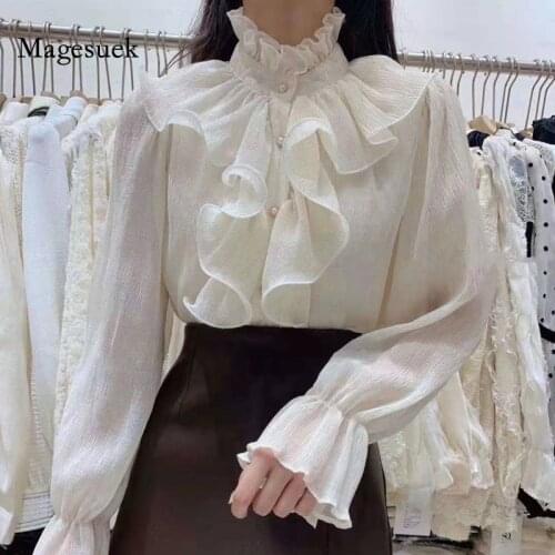Spring Ruffles Stitching Long Flare Sleeve Chiffon Blouse Women Buttons Ruched Loose Tops Stand Collar Solid Female Shirts 12946