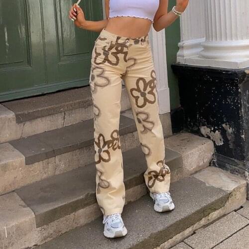 Fuzzy Floral Graffiti Jeans High Waist Straight Denim Pants 2021 Newest Fashion Trendy Wild Streetwear Trousers with Pockets
