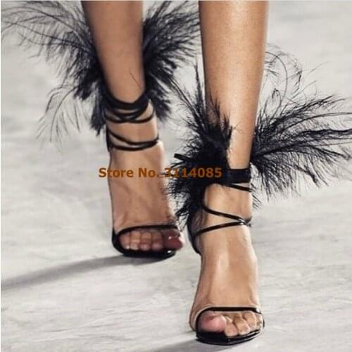 Women Super Hot Black White Feather Sandals Stiletto Heels Lace-up Dress Shoes Models Stage Dress Pumps Gladiator Fur Sandals