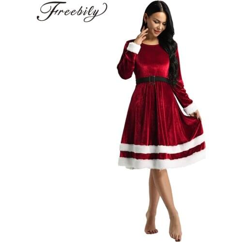 Women Soft Velvet Long Sleeve Red Green Christmas Costume Dress Adult Ladies Mrs Santa Claus Xmas Fancy Cosplay Party Dress Up