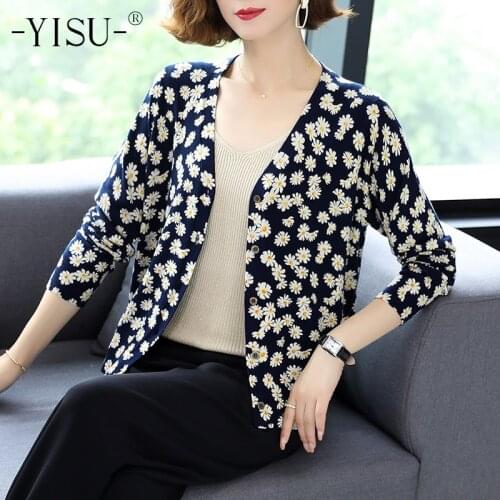 YISU Floral Print Cardigan Women Knitted Sweater Coat Women 2020 Autumn Winter Long Sleeve V Neck Sweaters Cardigan Coat Women