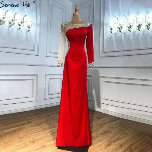 Serene Hill Red Luxury Beaded Mermaid Evening Gown 2021 Long Sleeves O-Neck Satin For Women Formal Party Dress CLA71152