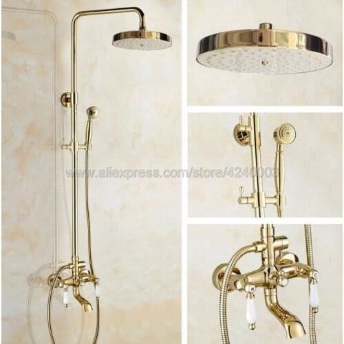 Golden Brass Bathroom Shower Faucet Double Handle Swivel Spout Tub Mixer Tap with Hand Shower Wall Mounted Kgf365