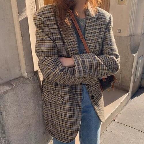 2020 Women Winter Vintage Houndstooth Short Wool Blazer Coat Notched Collar Woolen Suits Jacket